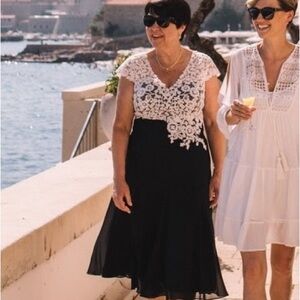 Jacques Vert formal navy dress with cream lace detailing